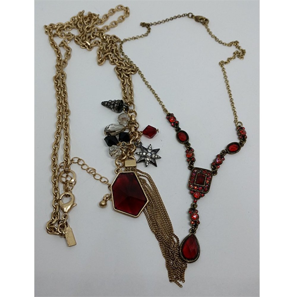 CURATED bundle gold tone faux ruby red necklaces statement layered Y drop, long.